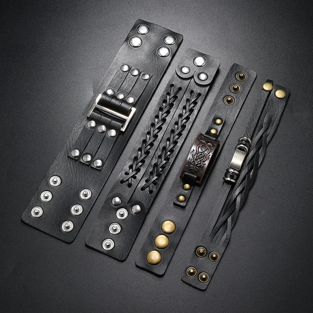 4PCS Men’s Punk Leather Bracelet Set Braided Cuff Wristband Rock Bangle Gift