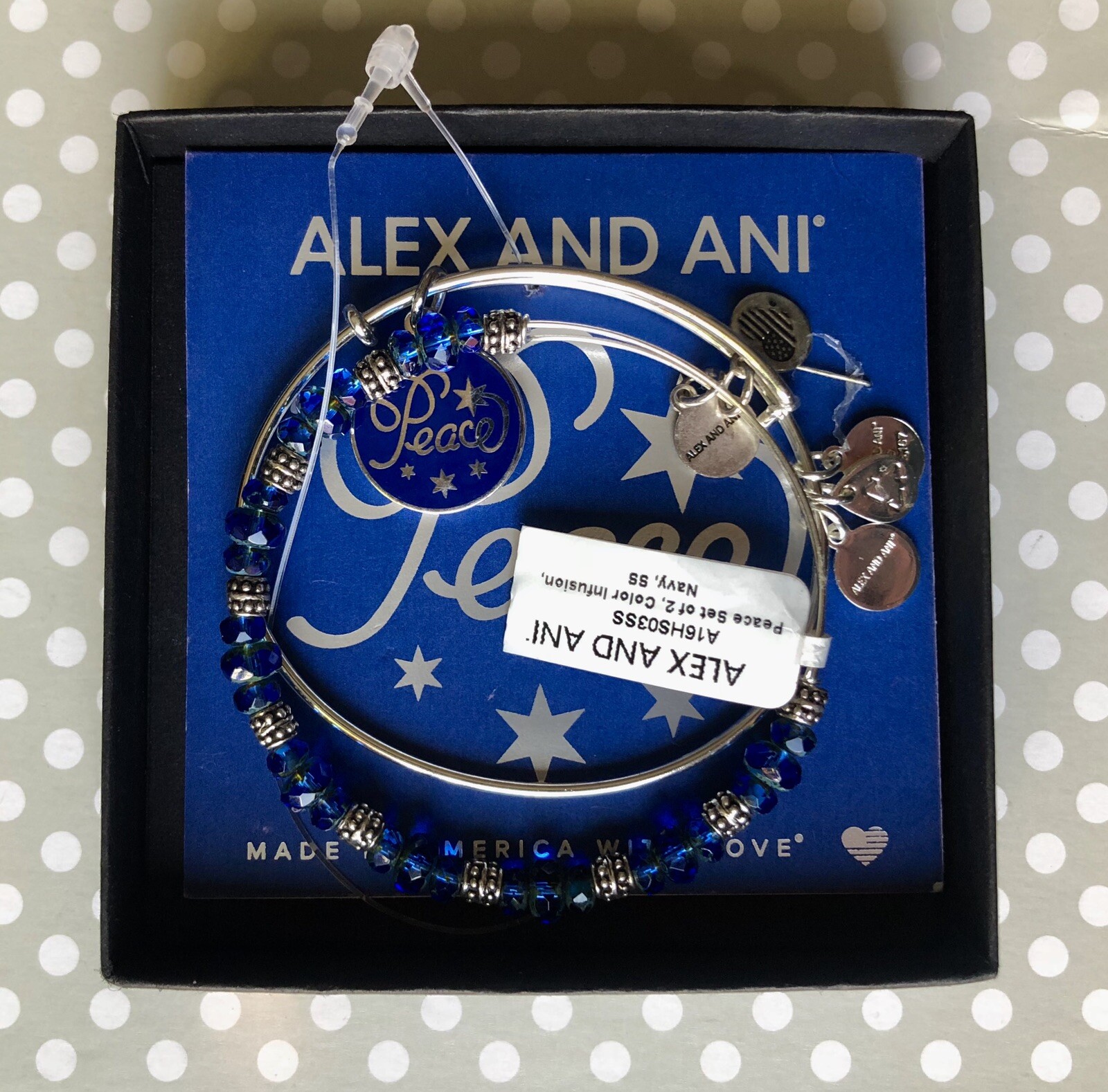 NWT Alex and Ani Peace Set of 2 Color Infusion Navy Blue Shiny Silver Bracelets