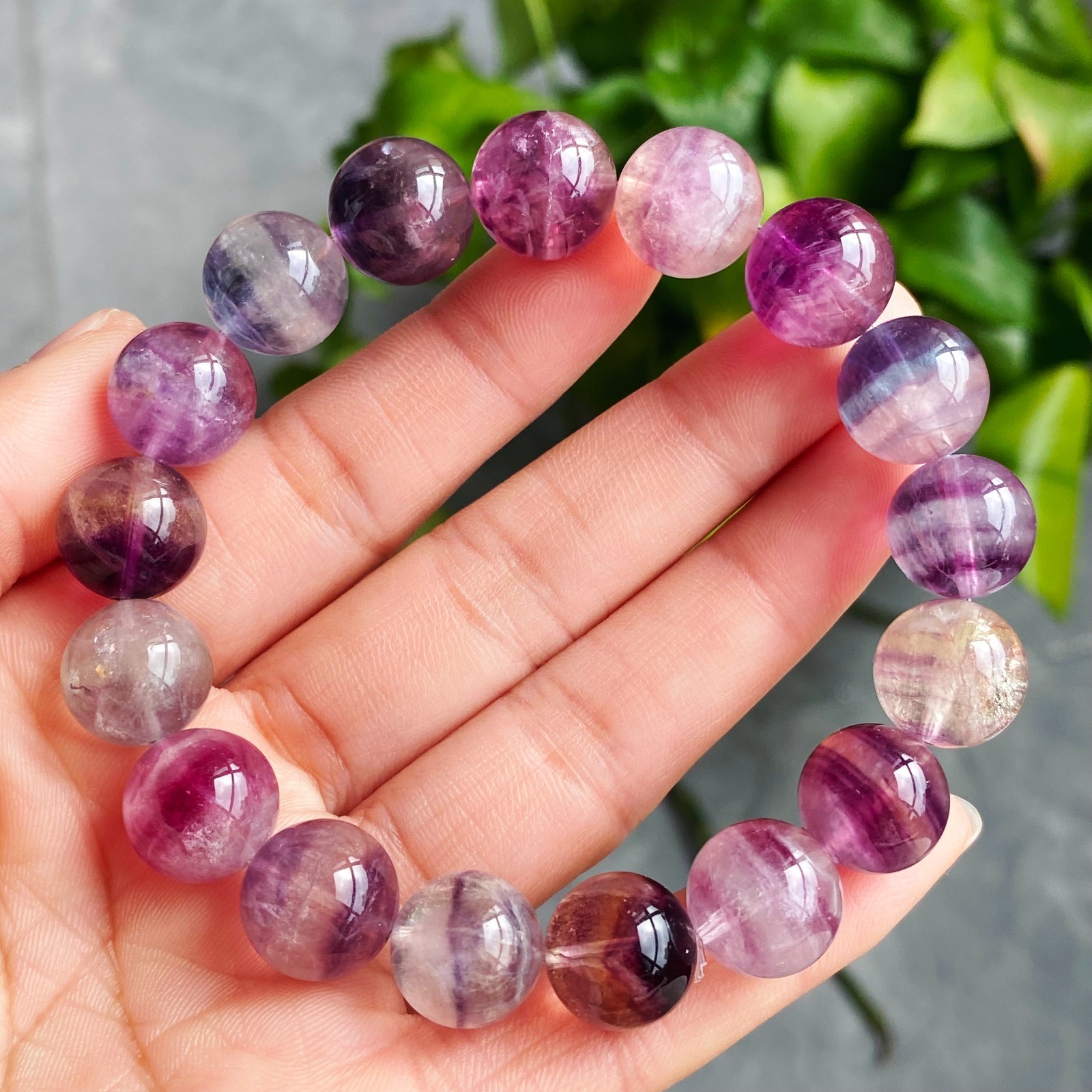12.8mm Natural Color Fluorite Quartz Crystal Gemstone Beads Bracelet 2886