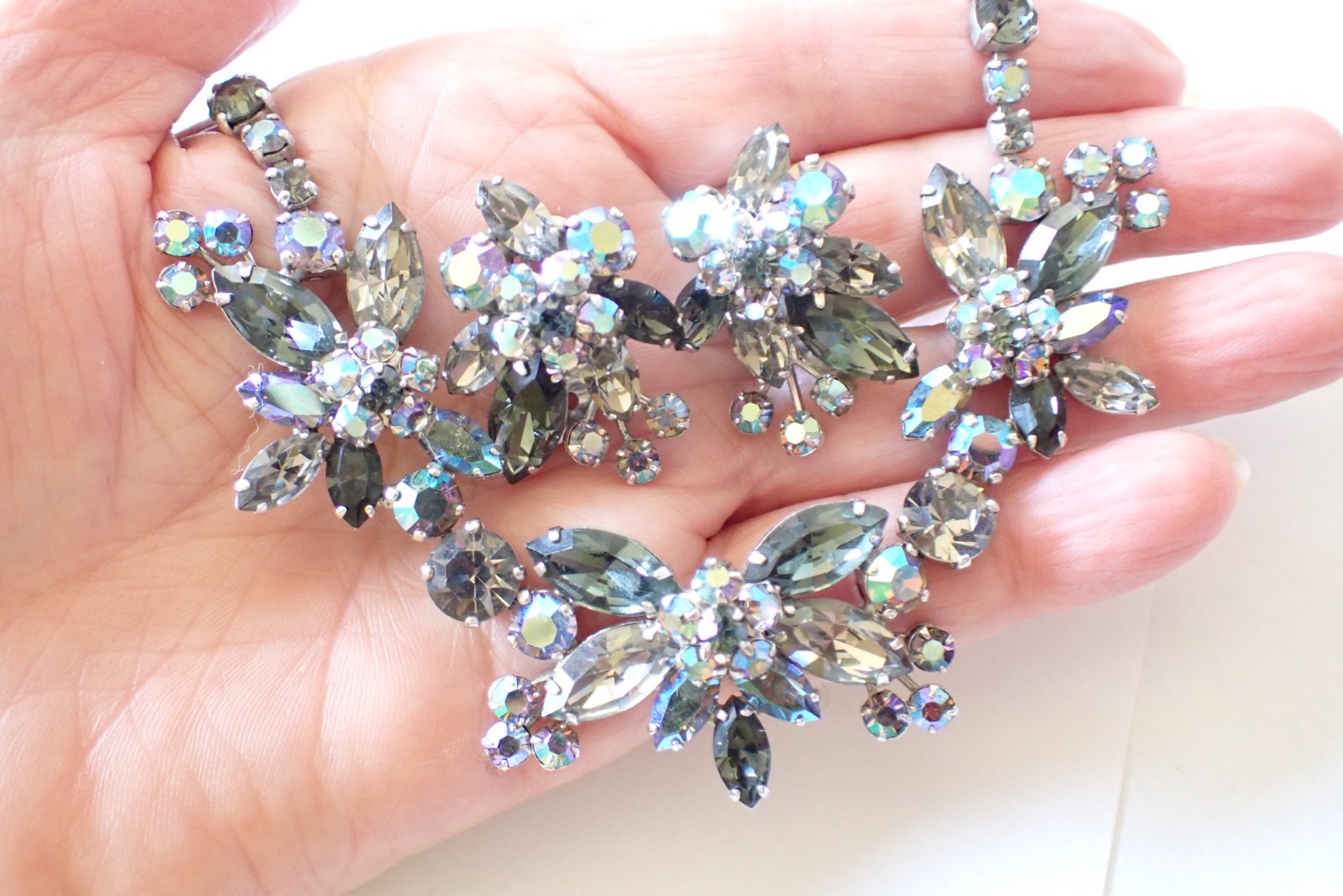 Vintage Signed Sherman Rhinestone Necklace & Earrings Set Blue Smoke & AB