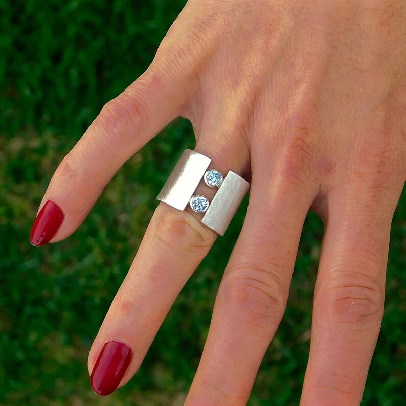 Crystal 925 Sterling Silver Wide Band& Statement Ring Handmade Ring All size
