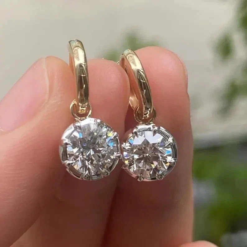 4 CT Round F-VS1 Lab Grown Diamond Women Drop Dangle Earrings 14K Yellow Gold