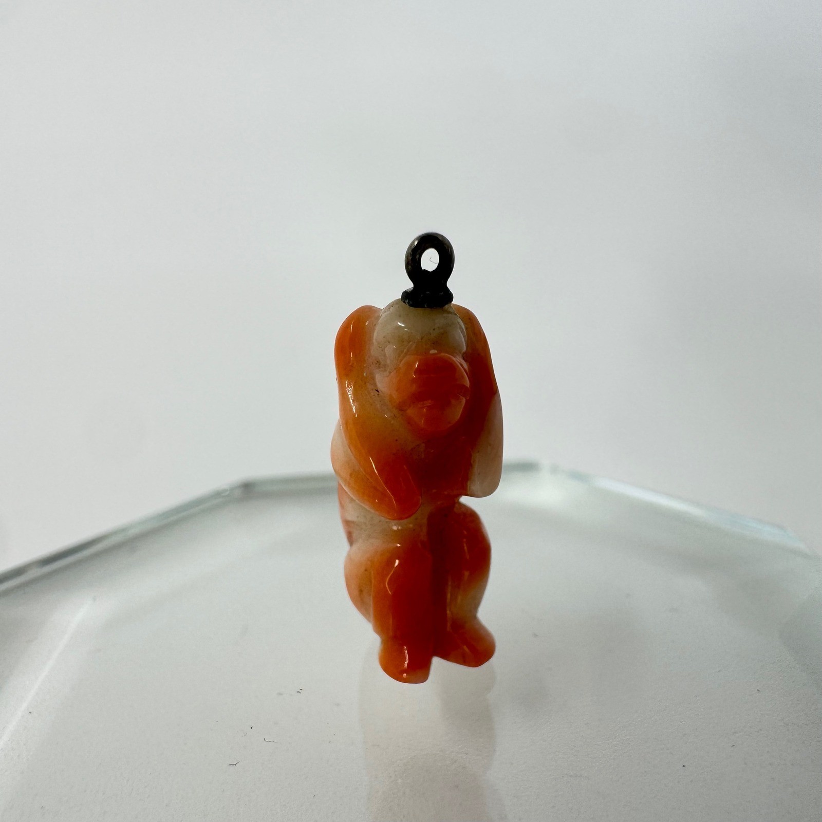 Antique Carved Coral Hear No Evil Monkey Charm Pendant Orange White 17mm