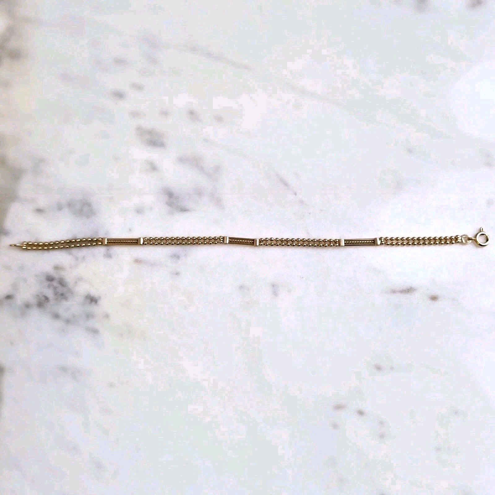 14K Gold Ornate Bar Link Double Chain Beaded Ball Bracelet 585 ITALIAN