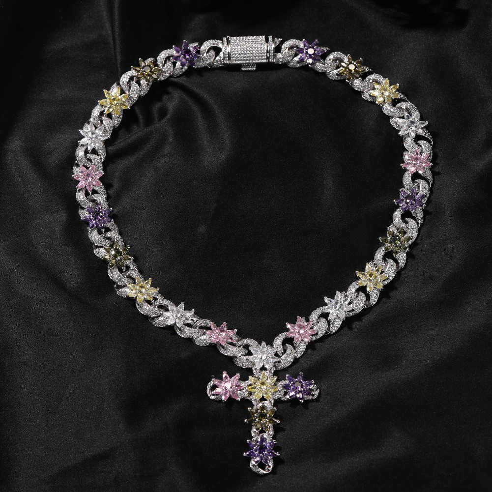 Bling Rainbow Colored CZ Floral Cross Necklace Heavy Gold Plated Hip-hop Chain
