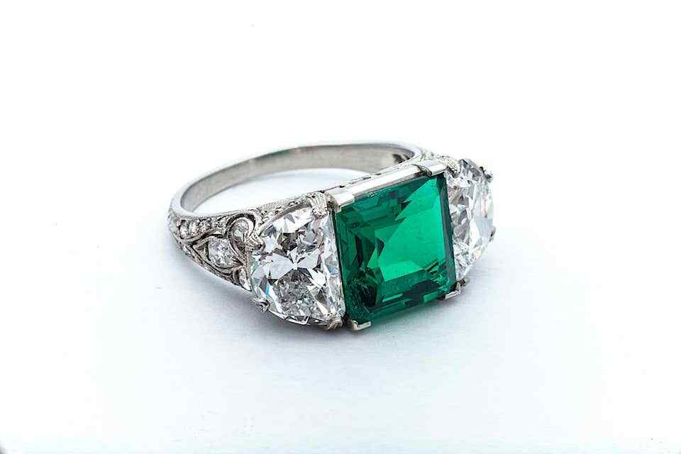Women’s Art Deco Colombian Square Cut Emerald With Fancy Cut CZ Three-Stone Ring