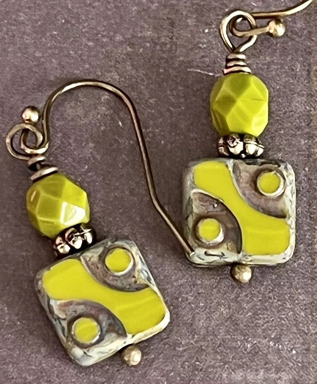 Beautiful Bronze Earrings with Olive Green Picasso Czech Glass Beads