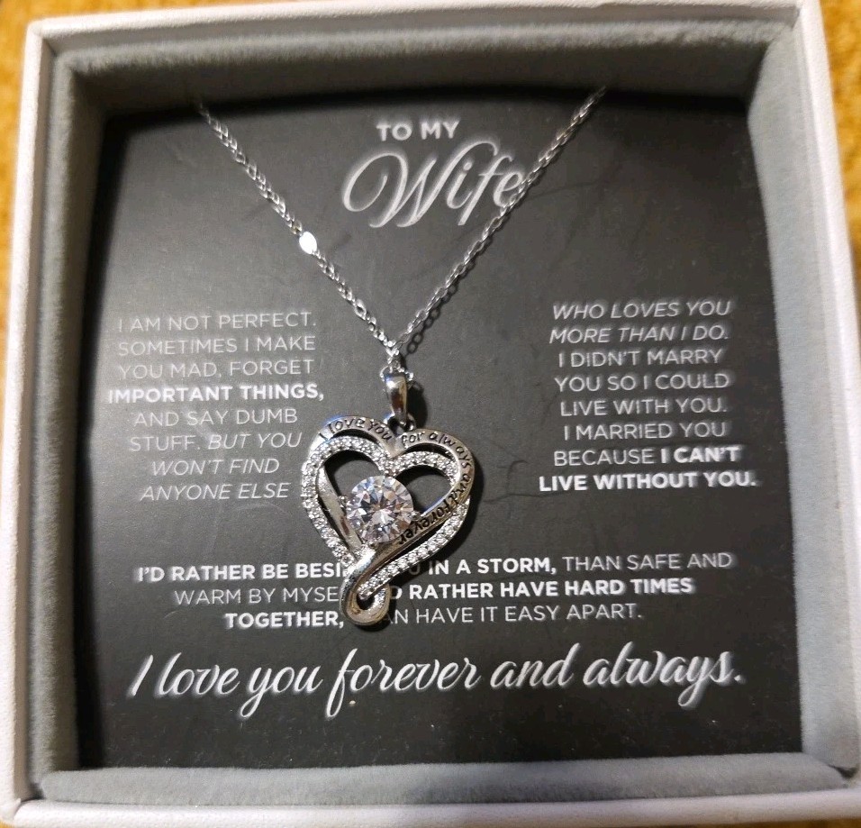 To My Wife Gift “I Love You Always & Forever” Double Heart Silver Necklace