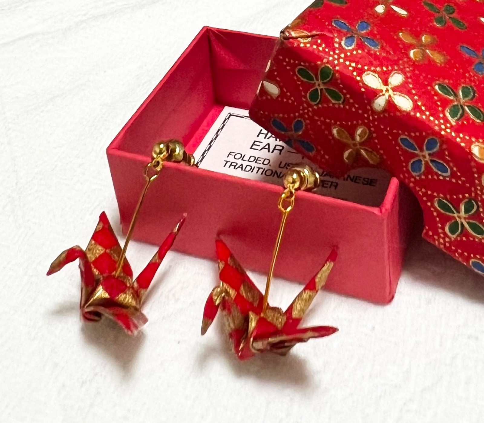 Vintage Japanese Chiyogami Origami Crane Earrings Red Gold Washi Handmade