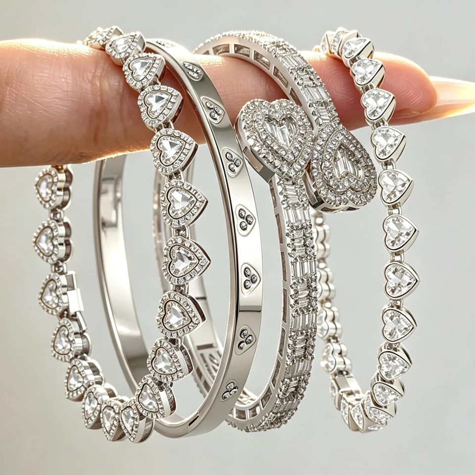 Rhinestone Tennis Chain Bracelets Yupsk 4Pcs/Set Trendy Hip Hop Rock Heart for W