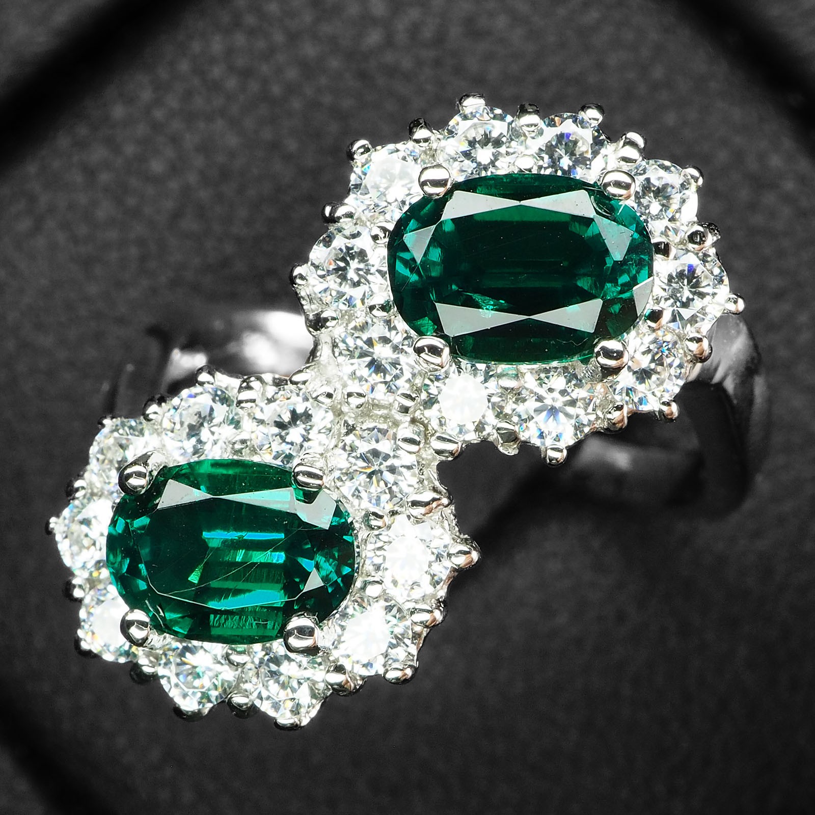 Duo Stone Vivid Green Emerald 1.60Ct 925 Sterling Silver Two Stone Floral Rings