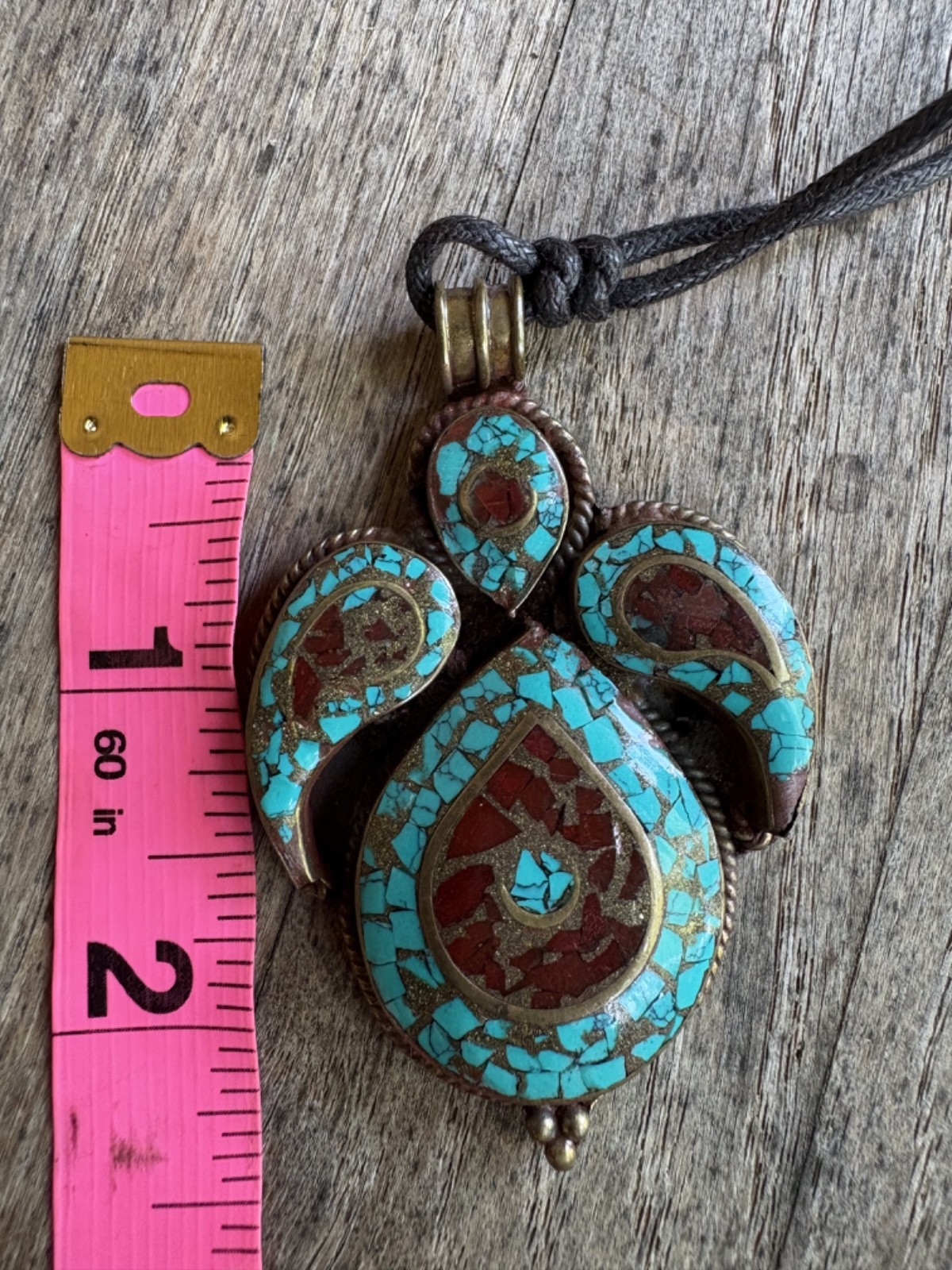 Turquoise and Coral Vintage Brass Nepalese Tibetan Pendant Necklace 26.6 grams