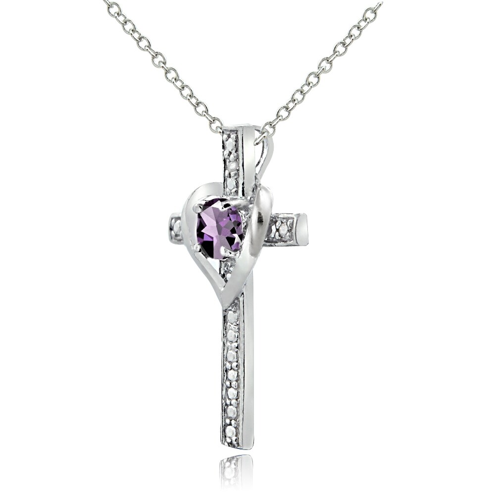 Cross Heart Amethyst Pendant Necklace in Sterling Silver