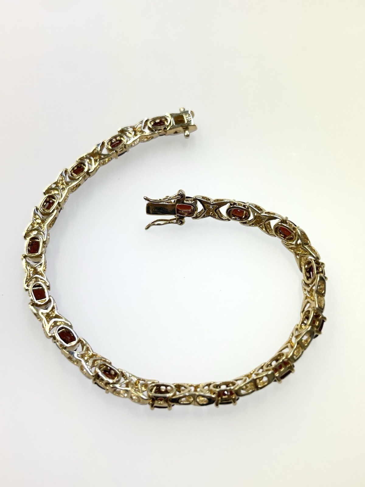 Vintage Sterling Silver Gold Toned X’s & O’s Bracelet With Red & Clear Stones