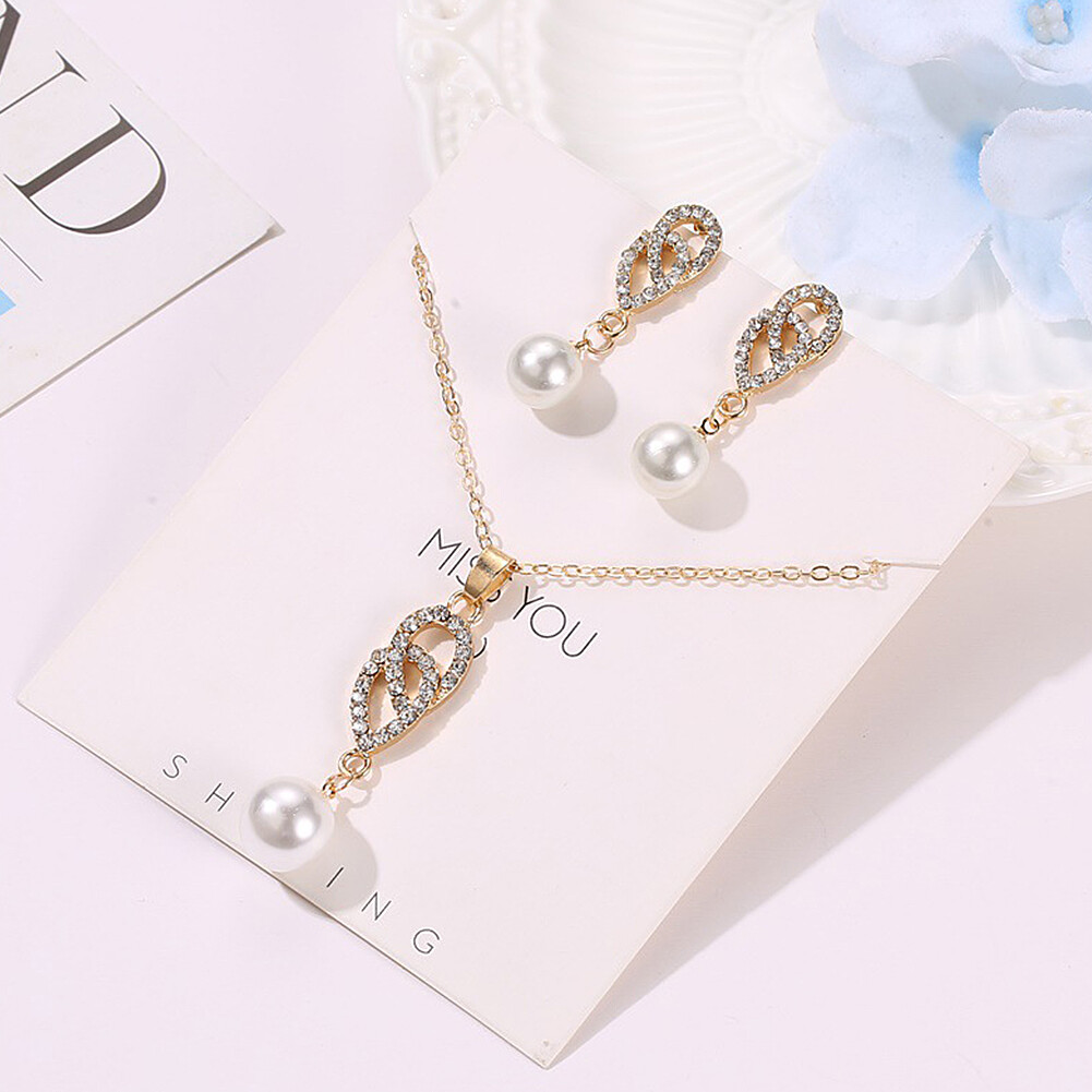 US 2 Pcs Pearl Rhinestone Crystal Peacock Themed Necklace + Earrings Jewelry Set