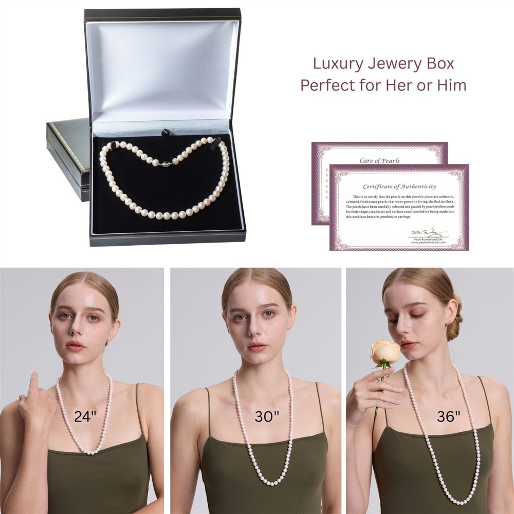 Long 24 Inch 8-9mm ROUND White Pearl Strand Necklace Genuine Cultured Freshwater