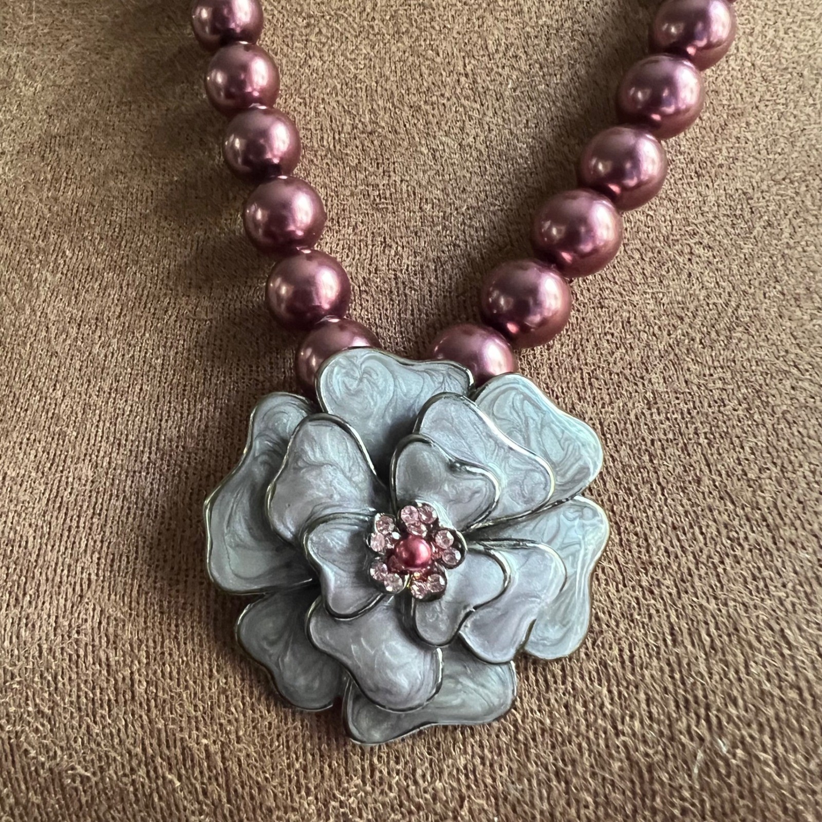 Mauve Glass Pearl Enamel Flower Ribbon Tie Necklace 17″ Heavy Statement Coquette