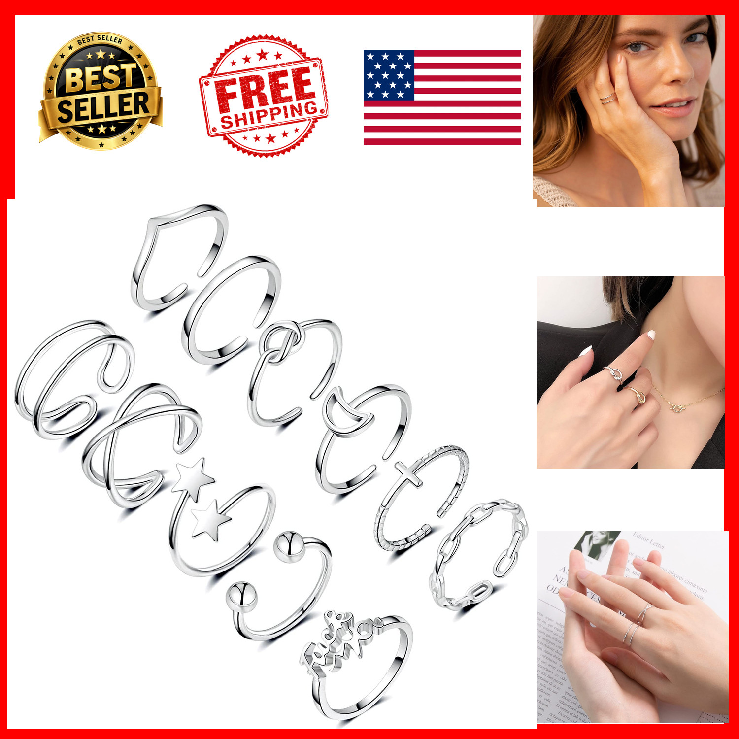 Honsny 11pcs Silver Stackable Adjustable Bands Hypoallergenic for Women Teens