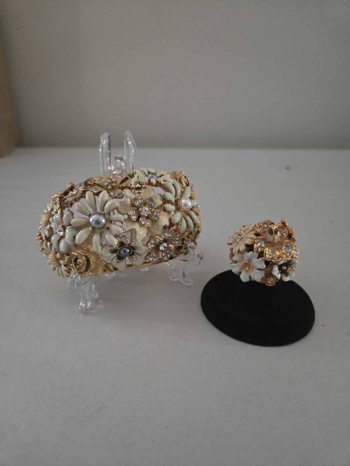 Kenneth Jay Lane Garden Party Floral Cuff Bracelet Ring Set Swarovski Crystal