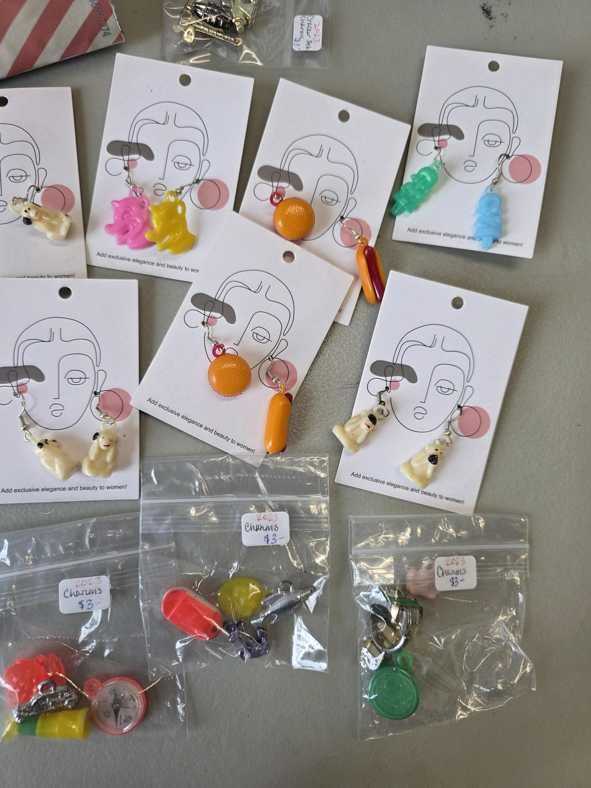 Vintage Cracker Jack Prize Charm Jewelry Lot Plastic Metal Charms Earrings Boxed