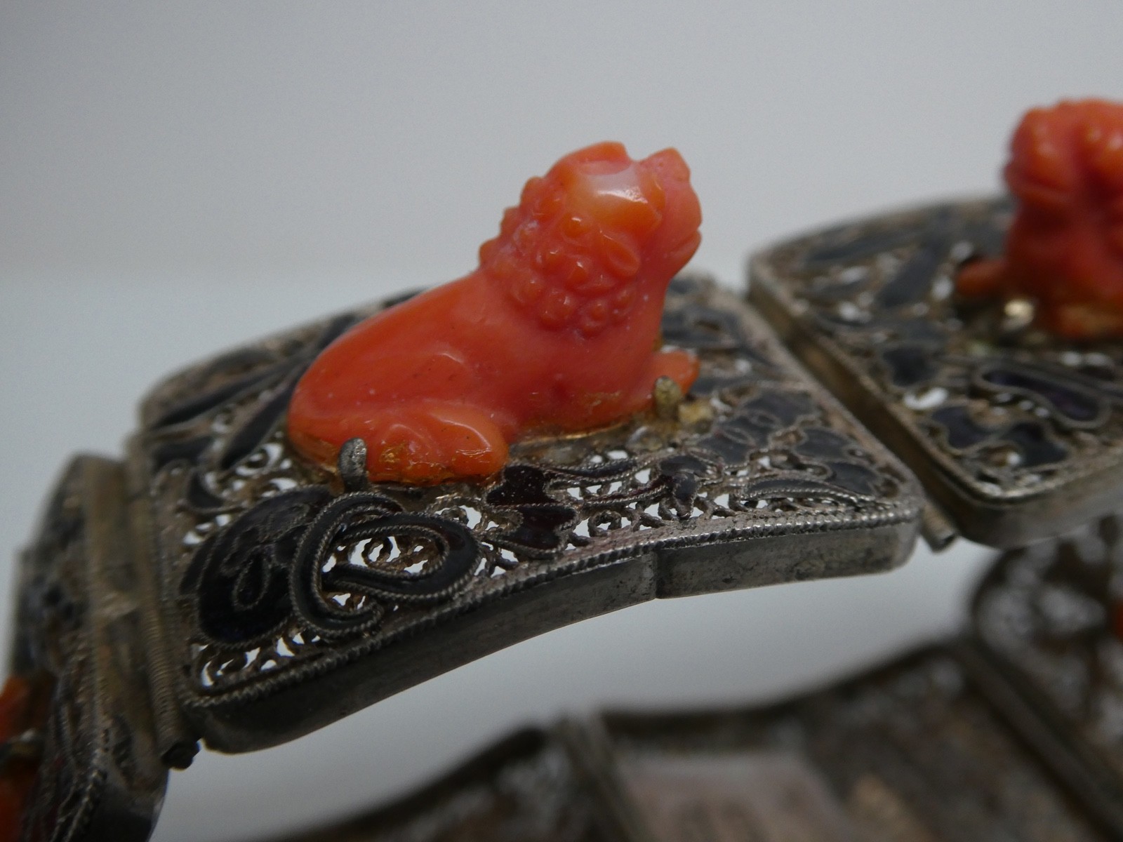 Vintage Chinese Export RARE Coral Lion Enamel Gilded Silver Bracelet Size 6.5″
