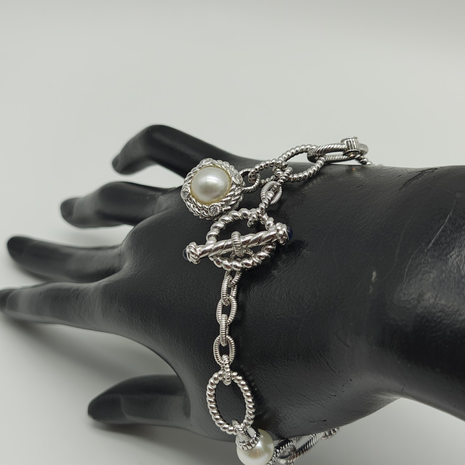 QVC Judith Ripka Sterling Silver 925 Pearl & CZ Station Bracelet 8.25″