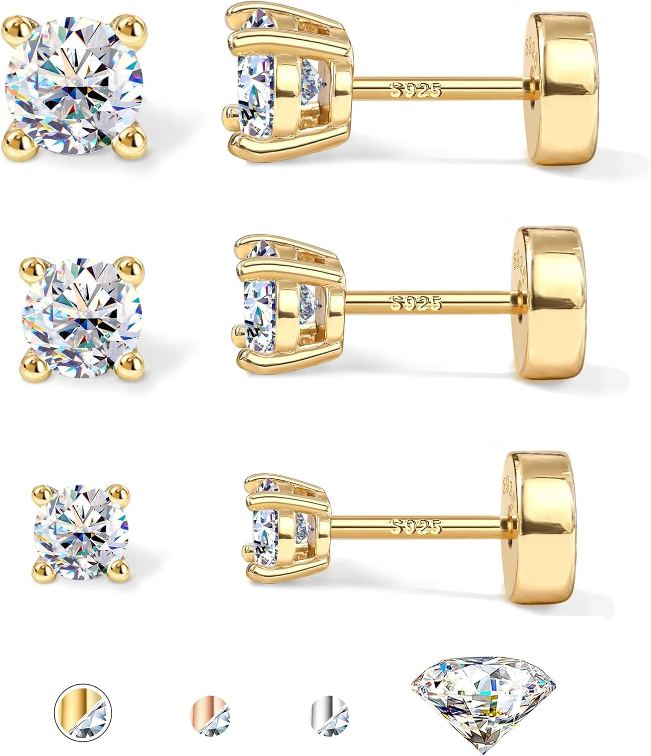 3/4 Pairs Moissanite Earrings Studs 14K Gold Plated S925 Sterling Silver Flat Ba