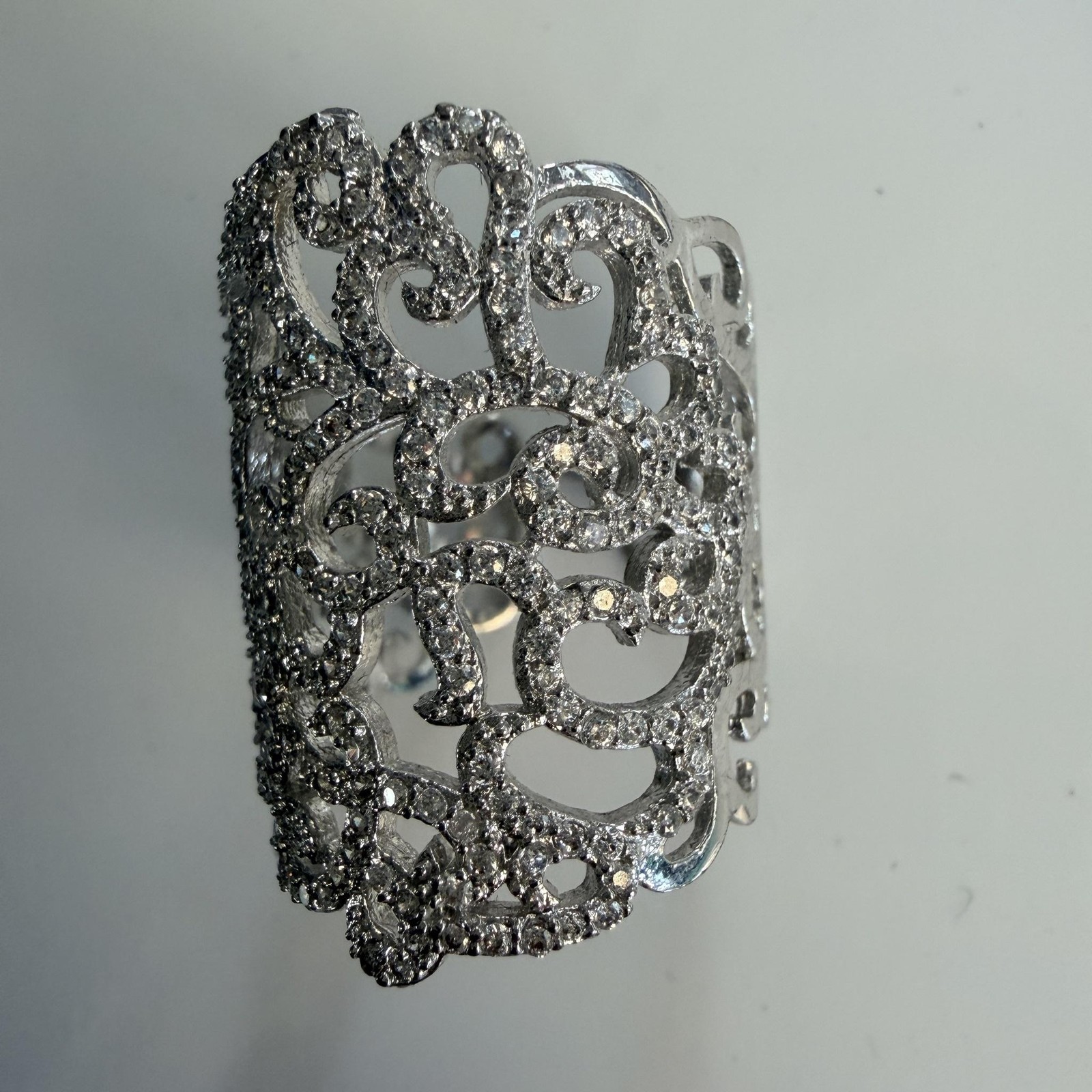 Silver Tone Rhinestone Full Finger Cocktail Ring Size 8 Filigree Statement Bling