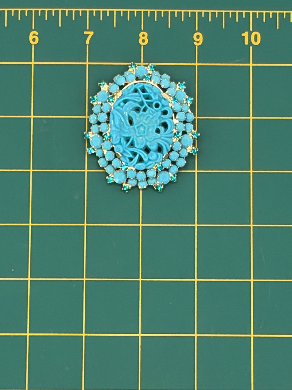 JULIANA D&E Molded Turquoise Glass & Rhinestone Flower Brooch Reference #484