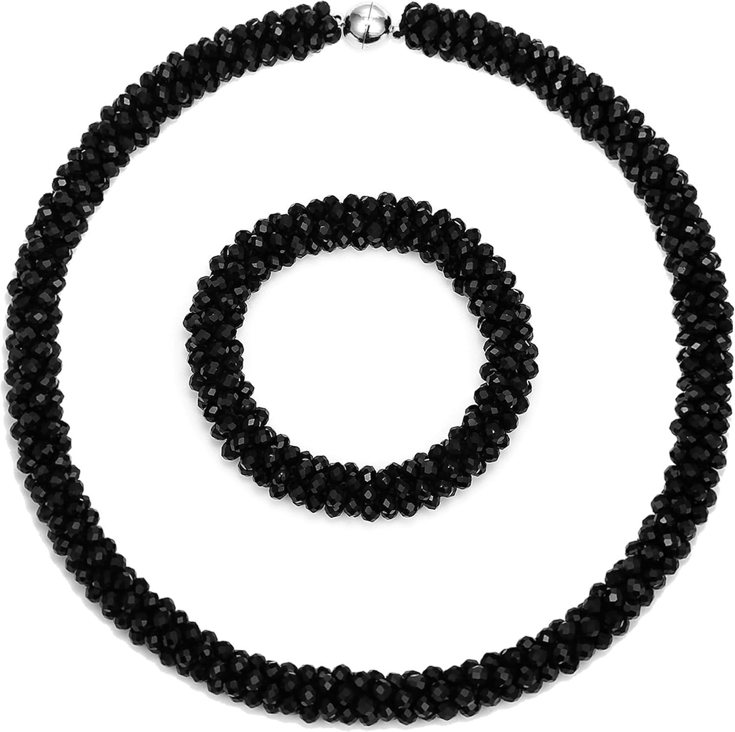 Beautiful Boho Jewelry Set – Handmade Black Crystal Necklace & Bracelet Ensemble