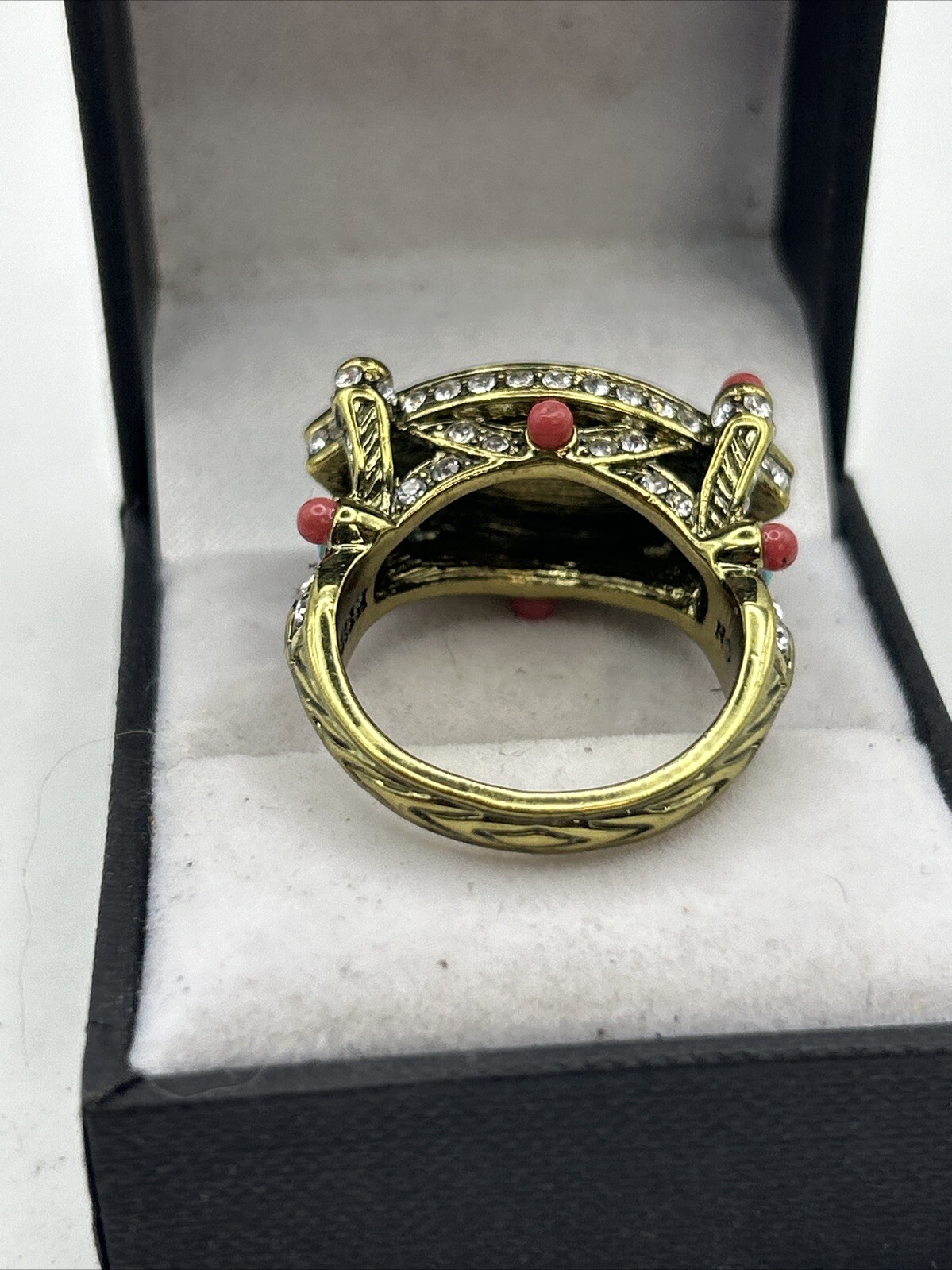 Extravagant Heidi Daus Faux Coral & Turquoise Ring Swarovski Crystals Size 10