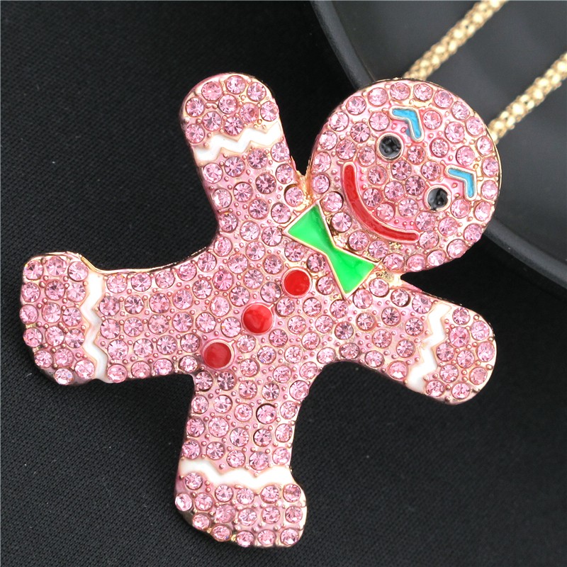 Fashion Lady Pink Rhinestone Cute Snowman Doll Bow Pendant Women’s Necklace