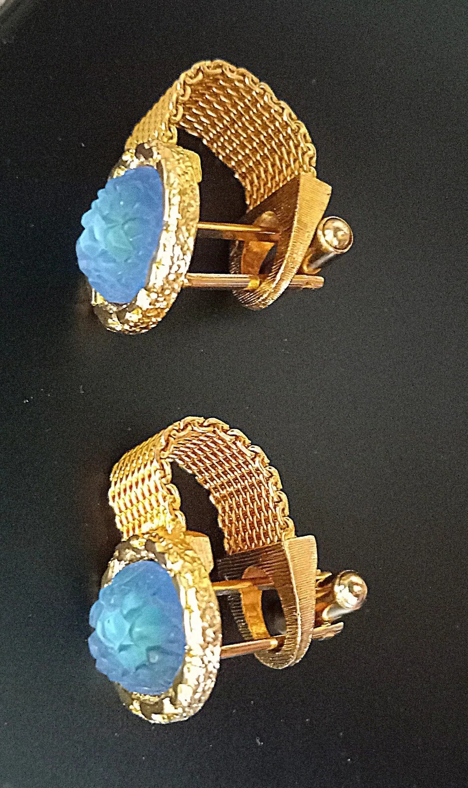 Unique Moon Glow Goldtone Cufflinks. Blue Green