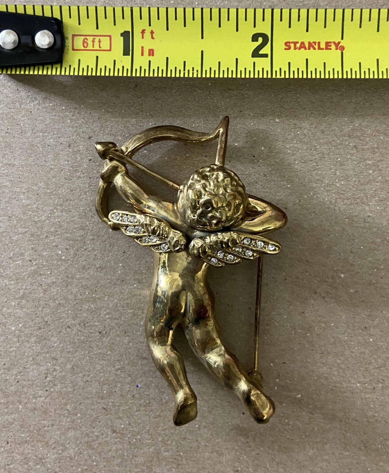 Gold Tone Rhinestone Cupid with Bow Valentine Pin brooch 2 1/8 in Jewelry