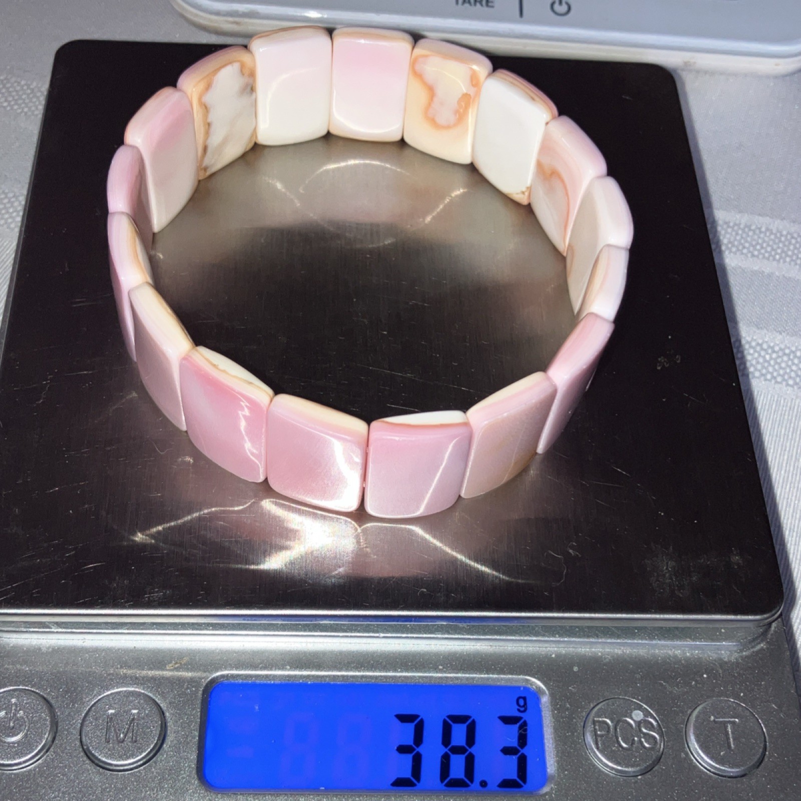 Pink Conch Shell Rectangle Beaded Stretch Bracelet 7.5″ Flexible 1 inch wide