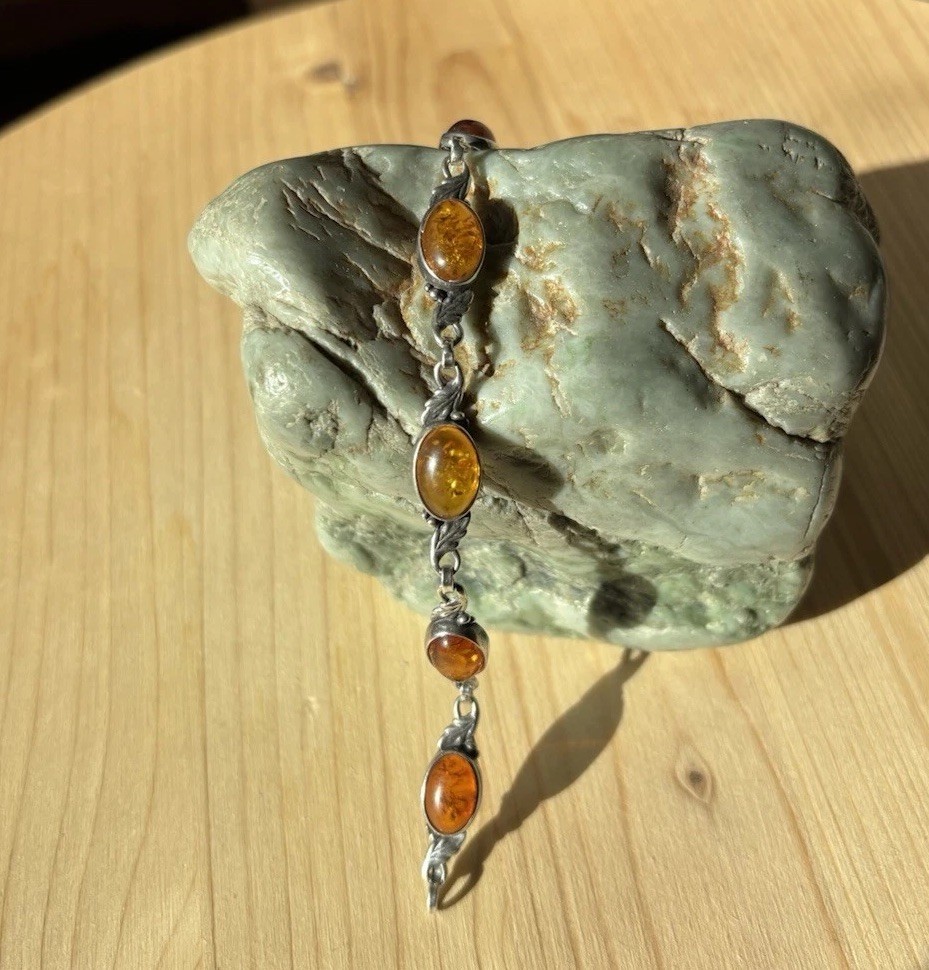 Vtg 925 Sterling Oval Cognac Amber Stones Link Leaf Chain Bracelet 7 Inches 10g