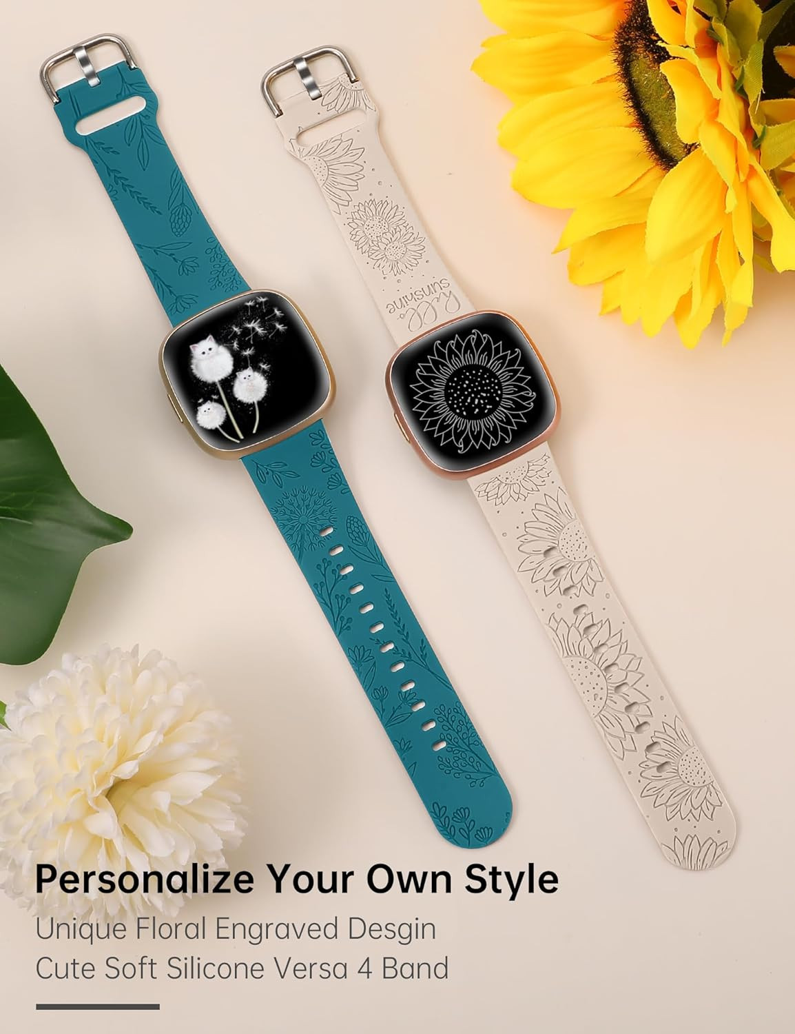 2 Packs Floral Engraved Band Compatible with Fitbit Versa 4/Versa 3/Sense 2/Sens