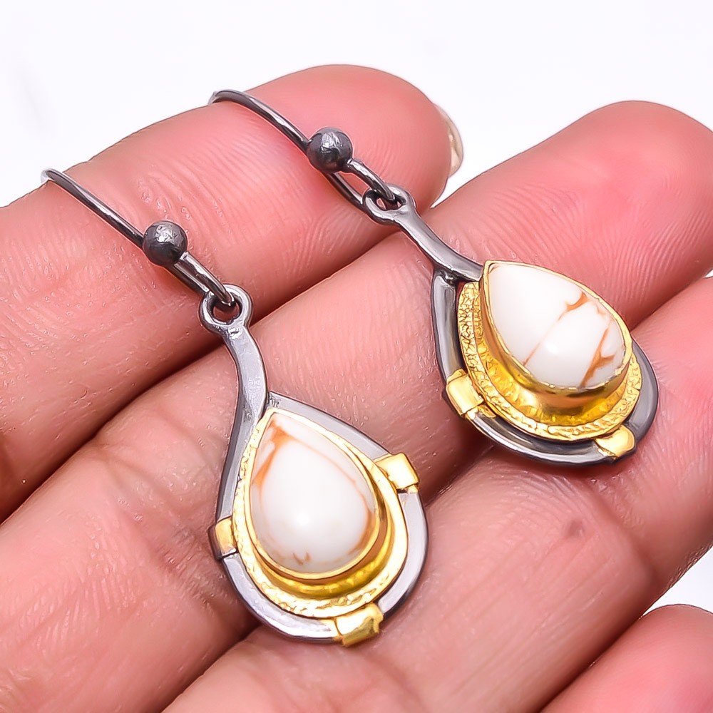 Copper White Turquoise 925 Silver Black & Gold Rhodium Plated Earring 1.76″ E39