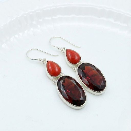 Red Garnet & Red Coral Earrings 925 Sterling Silver Handmade Dangle Earrings