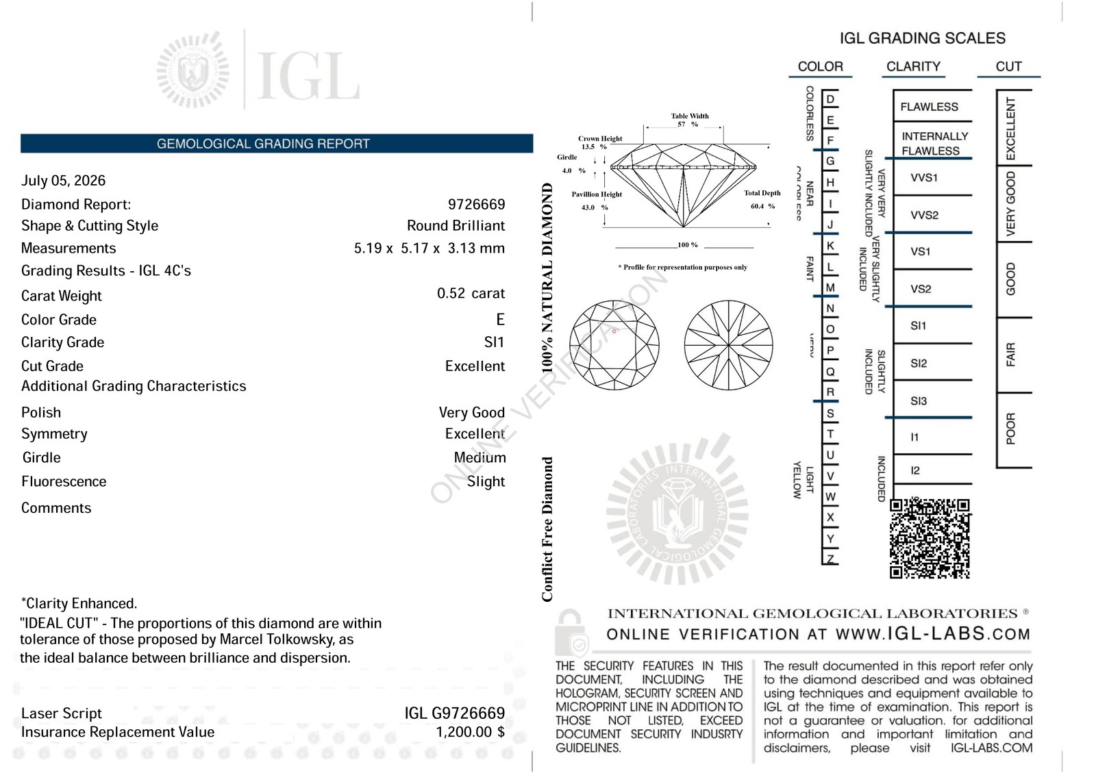 Certified 0.52 Carat E SI1 Round Brilliant Natural Enhanced Loose Diamond 5.19mm