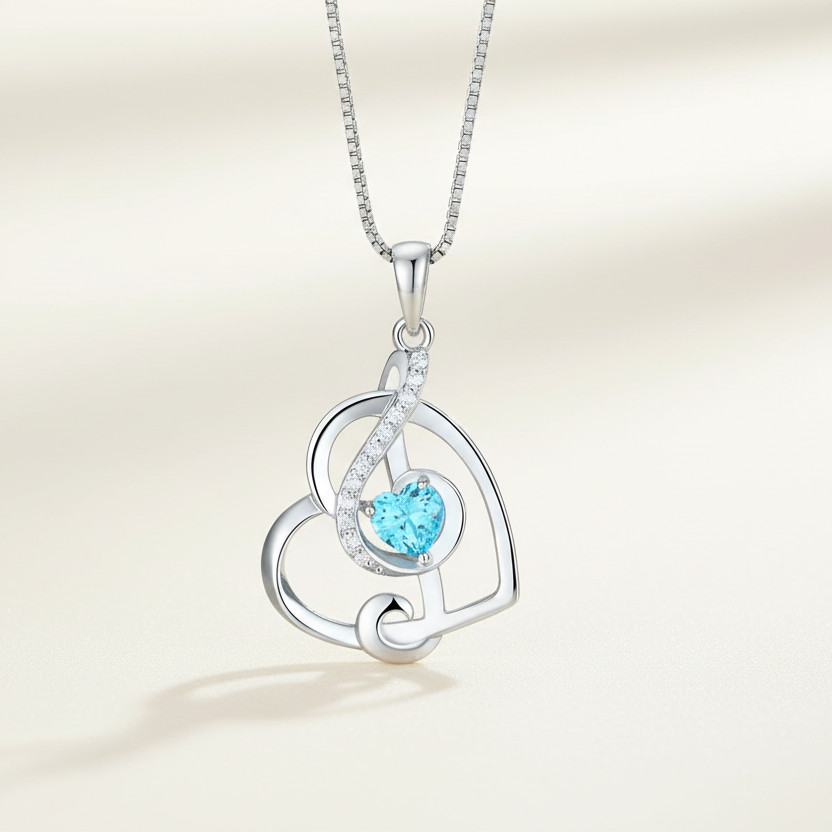 Silver Treble Clef Heart Necklace with Aquamarine Gemstone Music Lover Jewellery