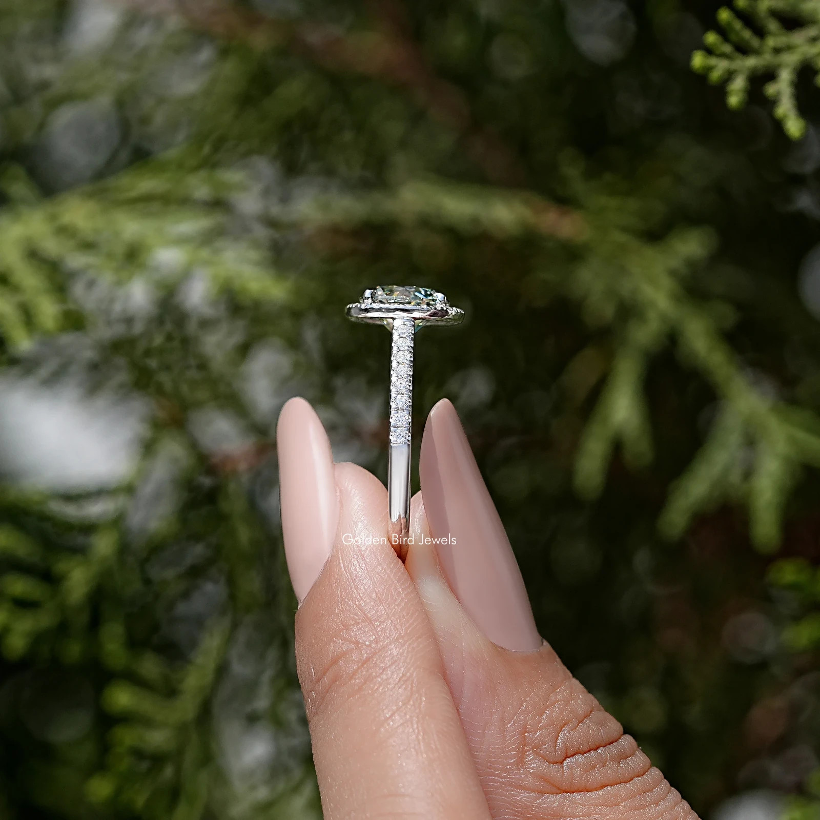 Blue Green Round Cut Moissanite Halo Ring
