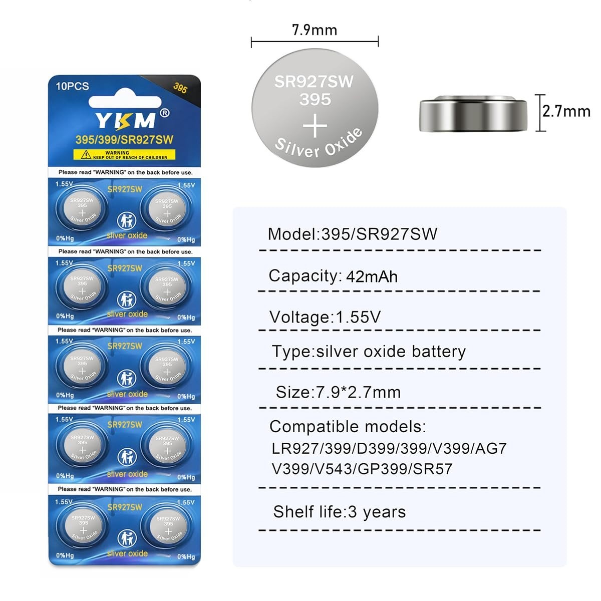 40 Pack 395 399 SR927SW Watch Batteries LR927 AG7 1.55V Silver Oxide – Long-Last