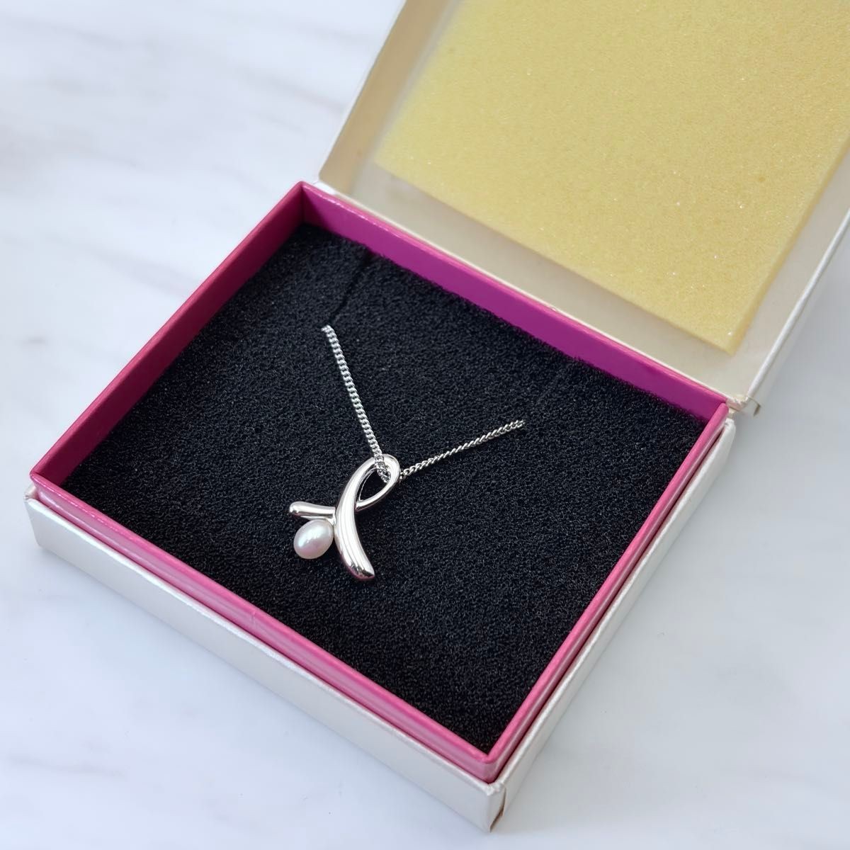 TASAKI Pearl Ribbon Pendant Necklace Sterling Silver 925 Authentic with Box