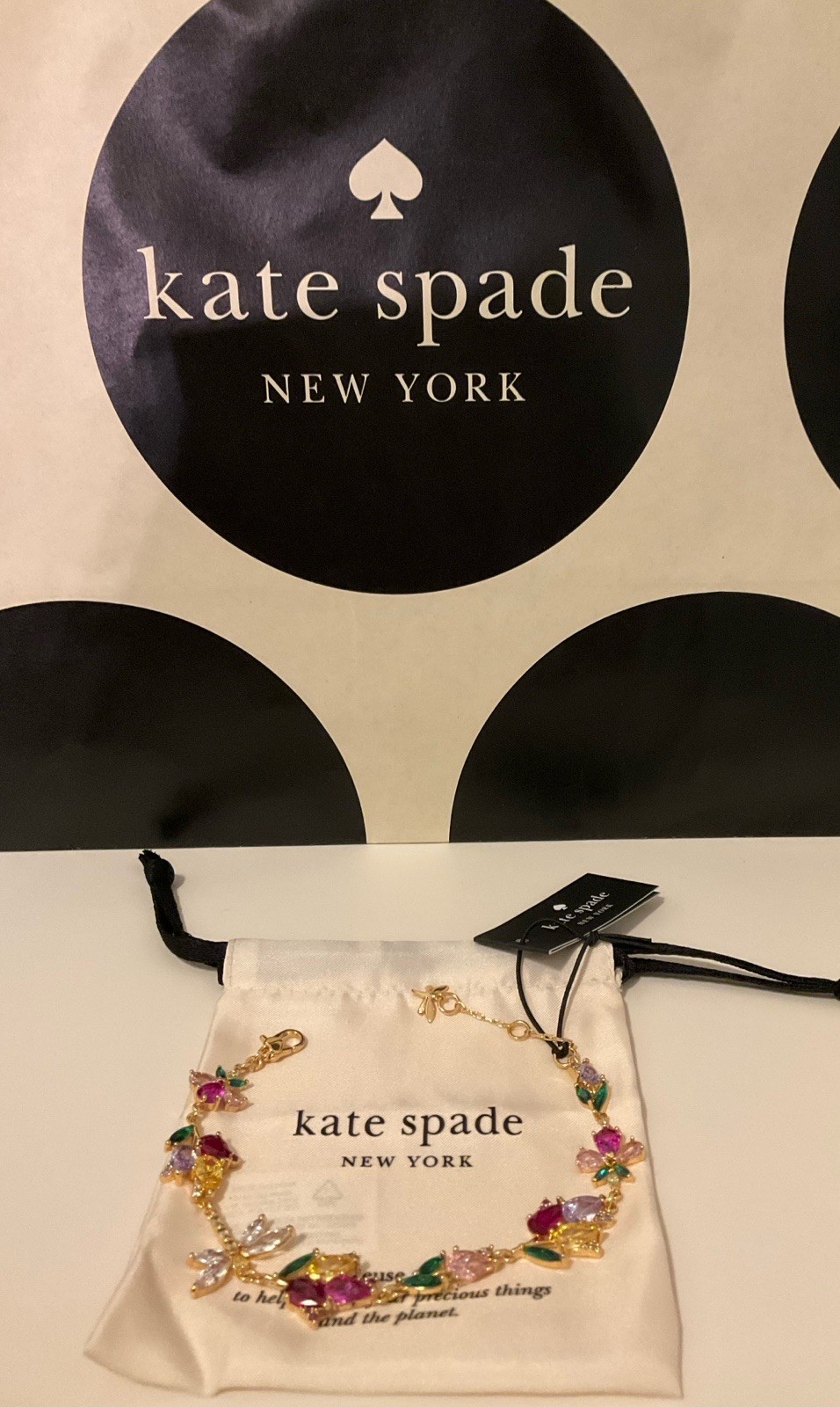 NWT Kate Spade Greenhouse Floral 12k Gold Plated CZ Crystals Bracelet