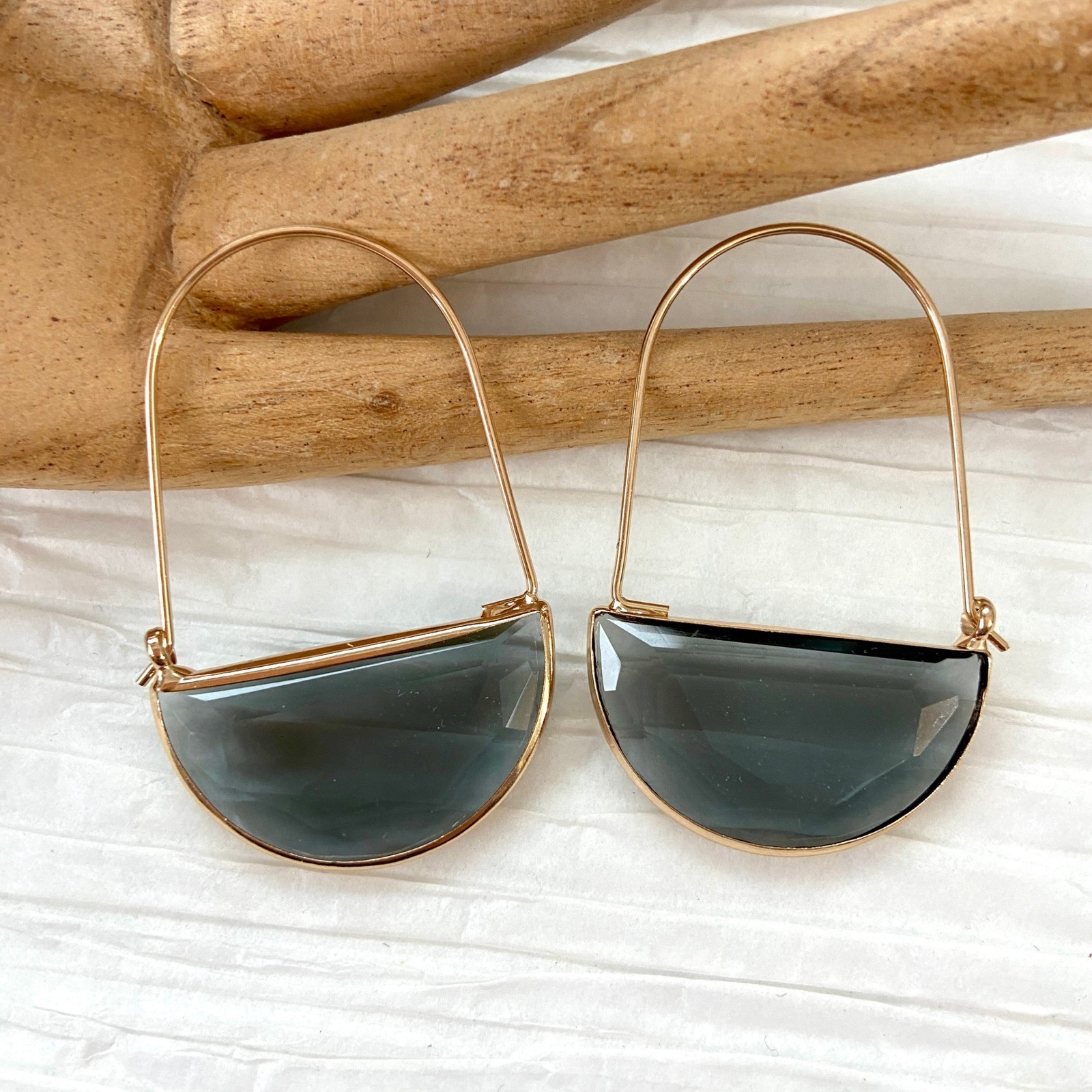 Smoky Gray Crescent Crystal Gold Tone Dangle Drop Earrings