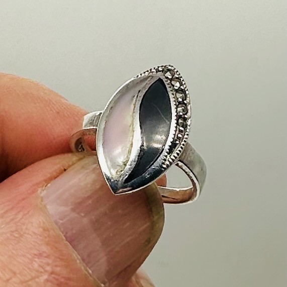 Onyx Mother of Pearl Marcasite Sterling Silver Ring | 7 | Blue, White, Silver |
