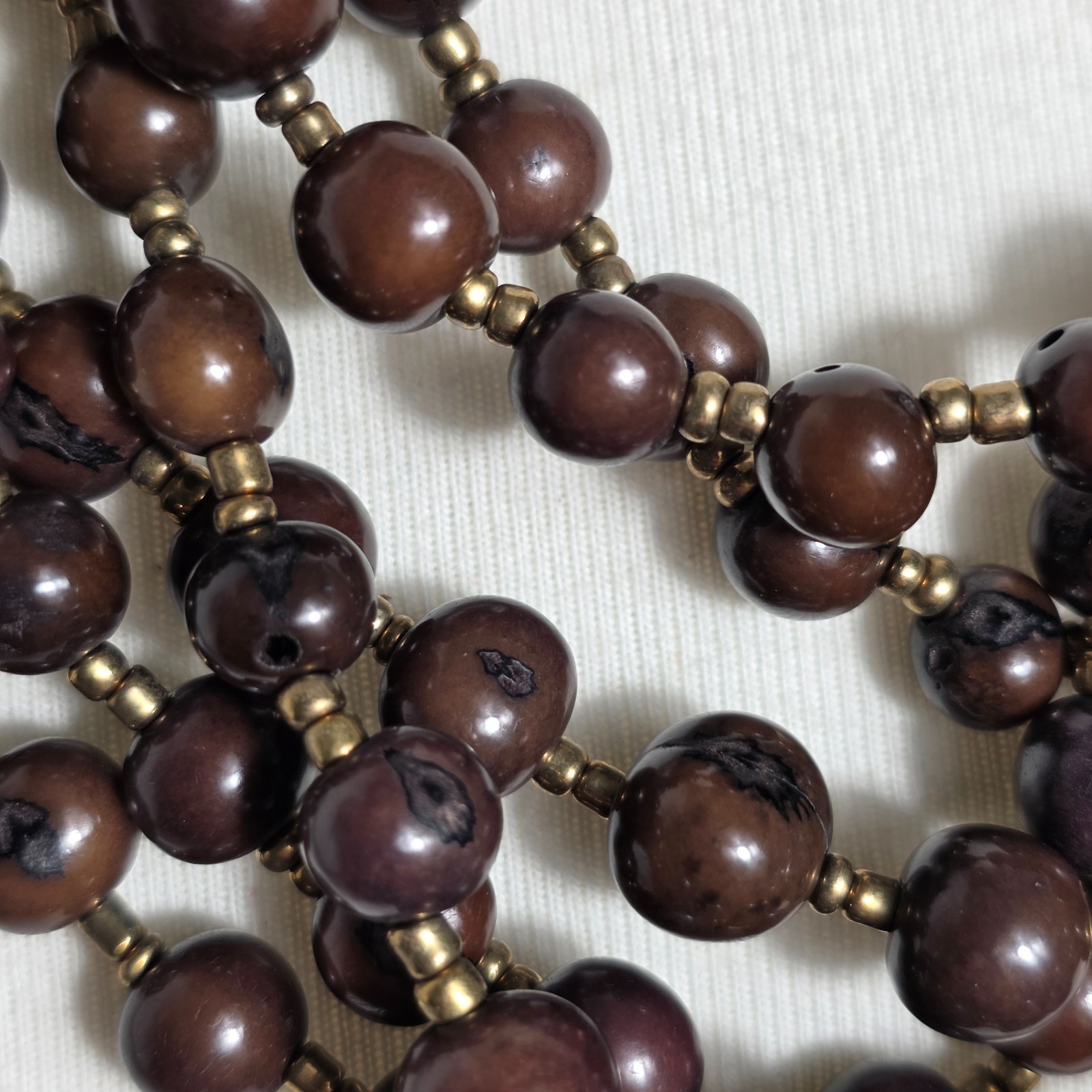 Multi-Strand Brown Acai Seed Bead Necklace with Gold Seed Bead Spacers