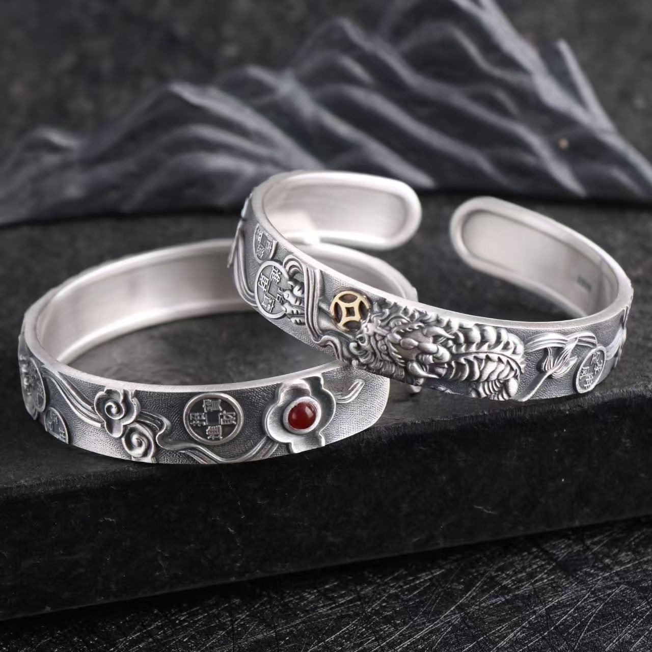 Solid Solid S999 Fine Silver Bracelet Men Women Dragon Pixiu Open Bangle 46-47g