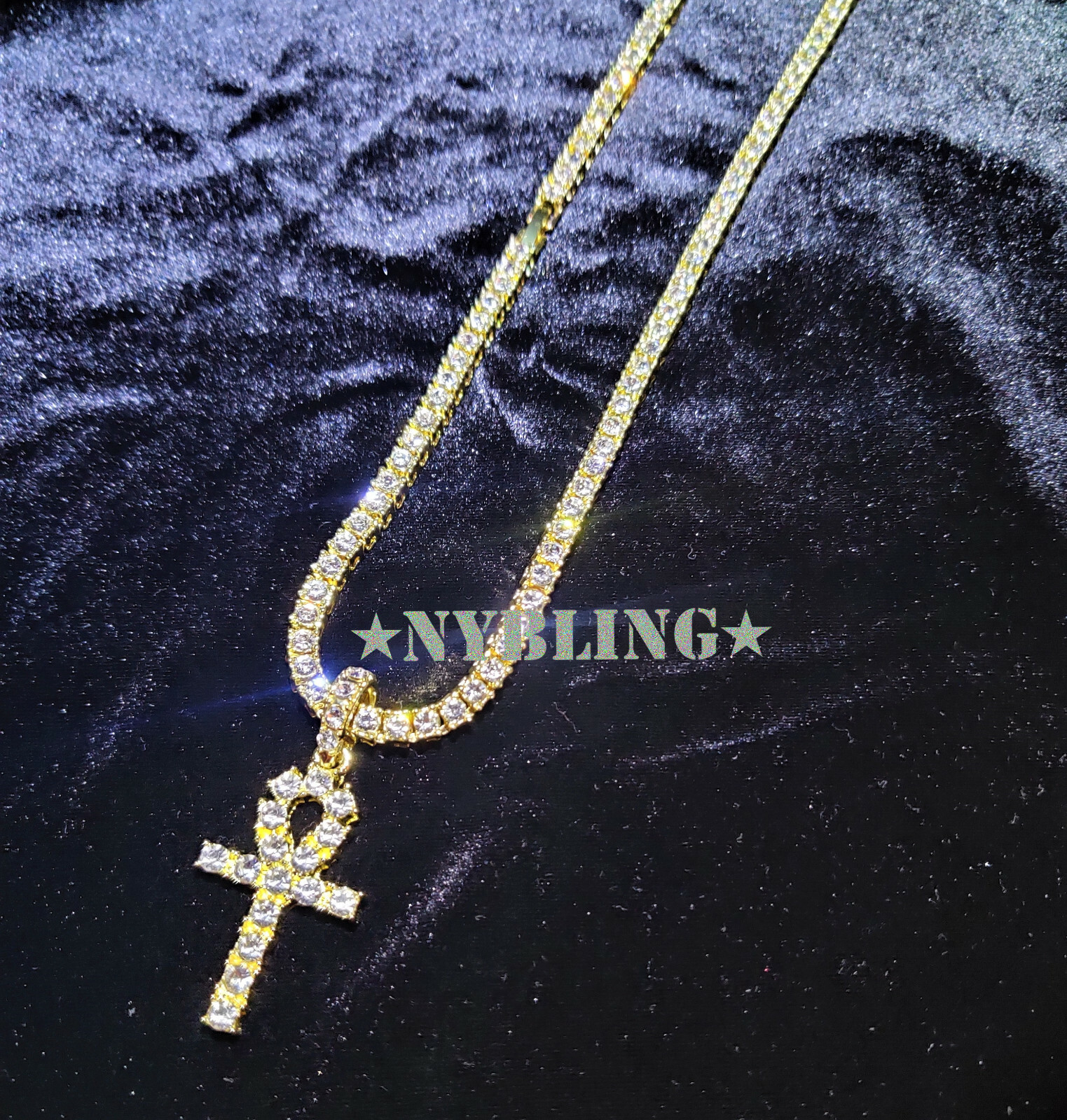 14k Gold Plated Tennis Chain Choker w/ ANKH Pendant ICED CZ Hip Hop Necklace 5MM